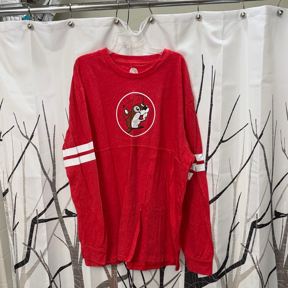 Red Long Sleeve Graphic Tee with Striped Sleeves